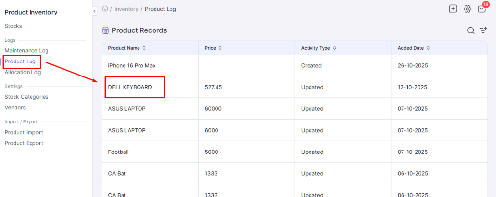 Product Log for employees